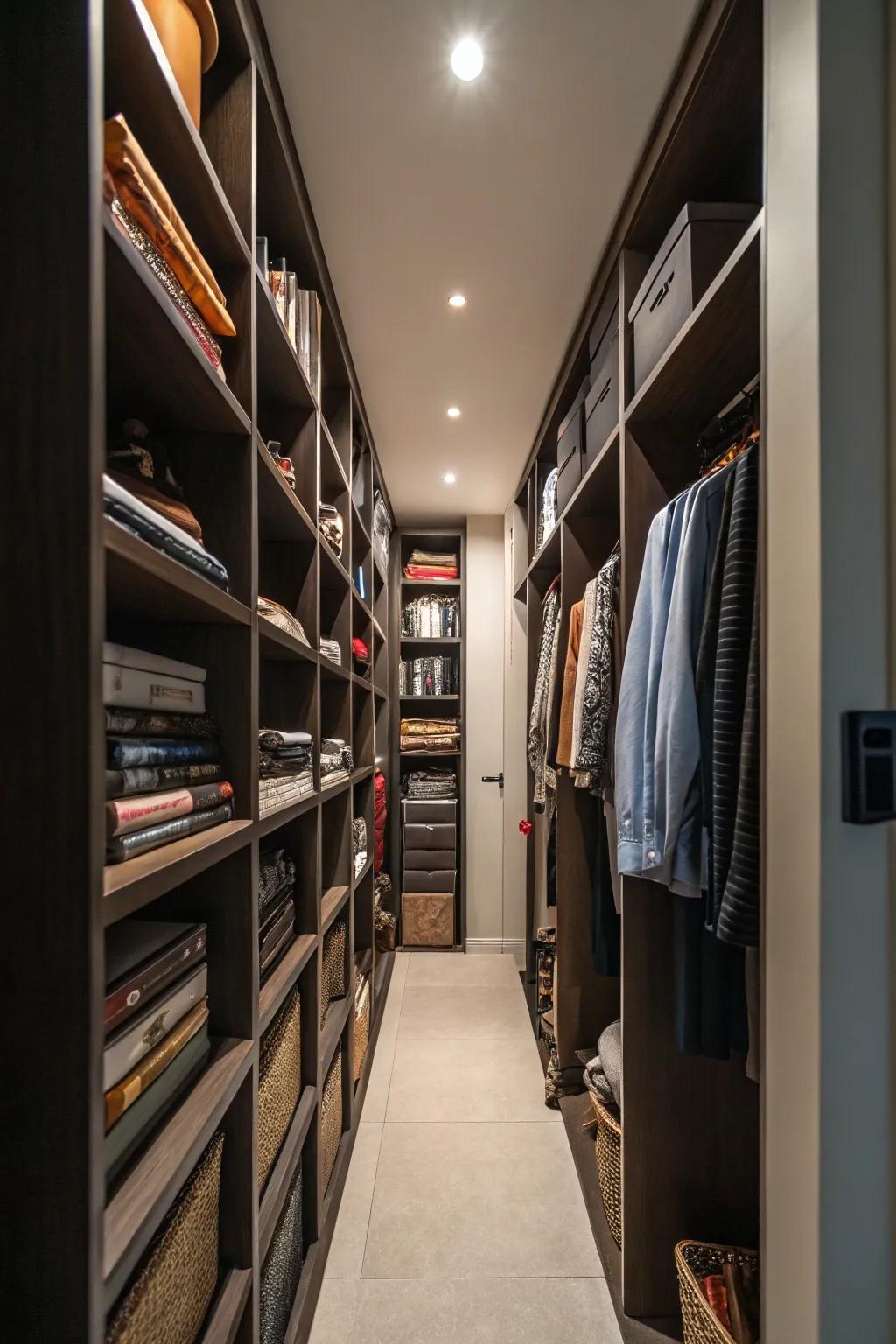 Transform your narrow closet with vertical shelving to maximize storage.
