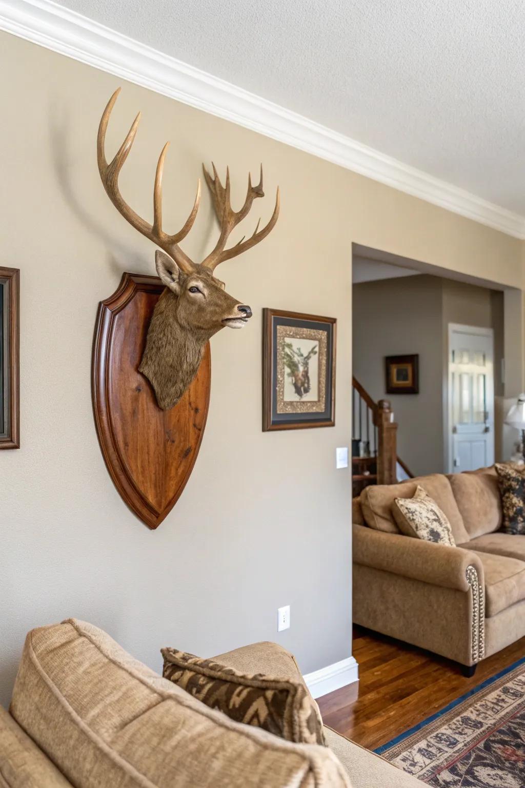 A classic deer antler mount on a polished wooden plaque exudes elegance in a neutrally decorated living space.