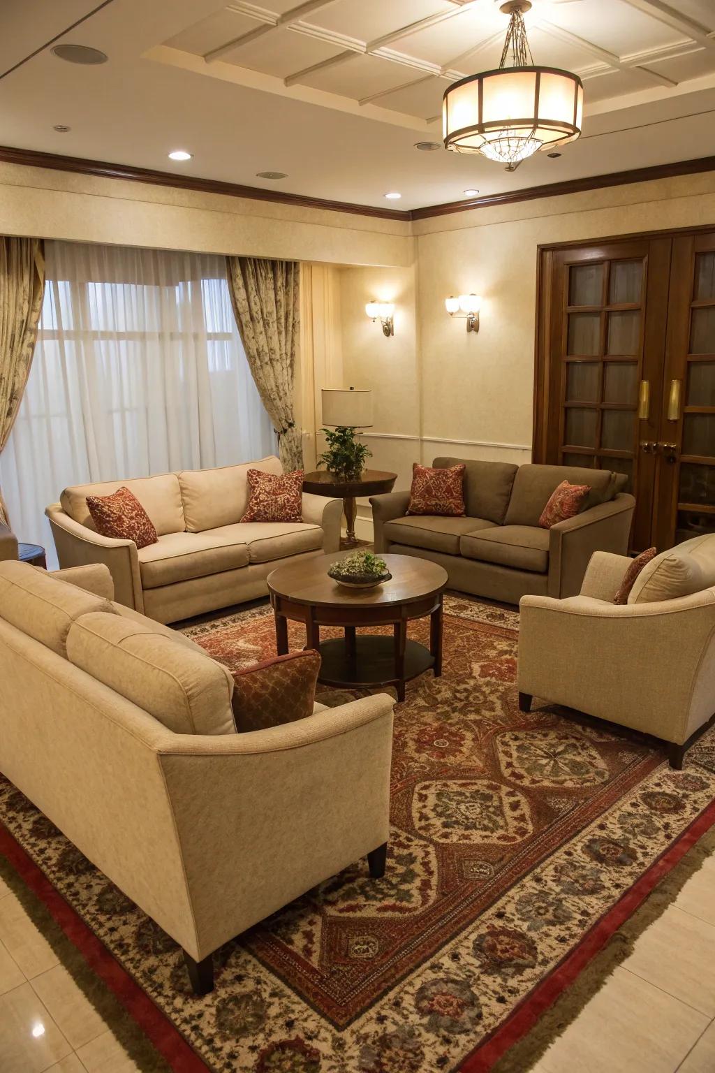 Cozy gathering arrangement in a snug sanctuary.