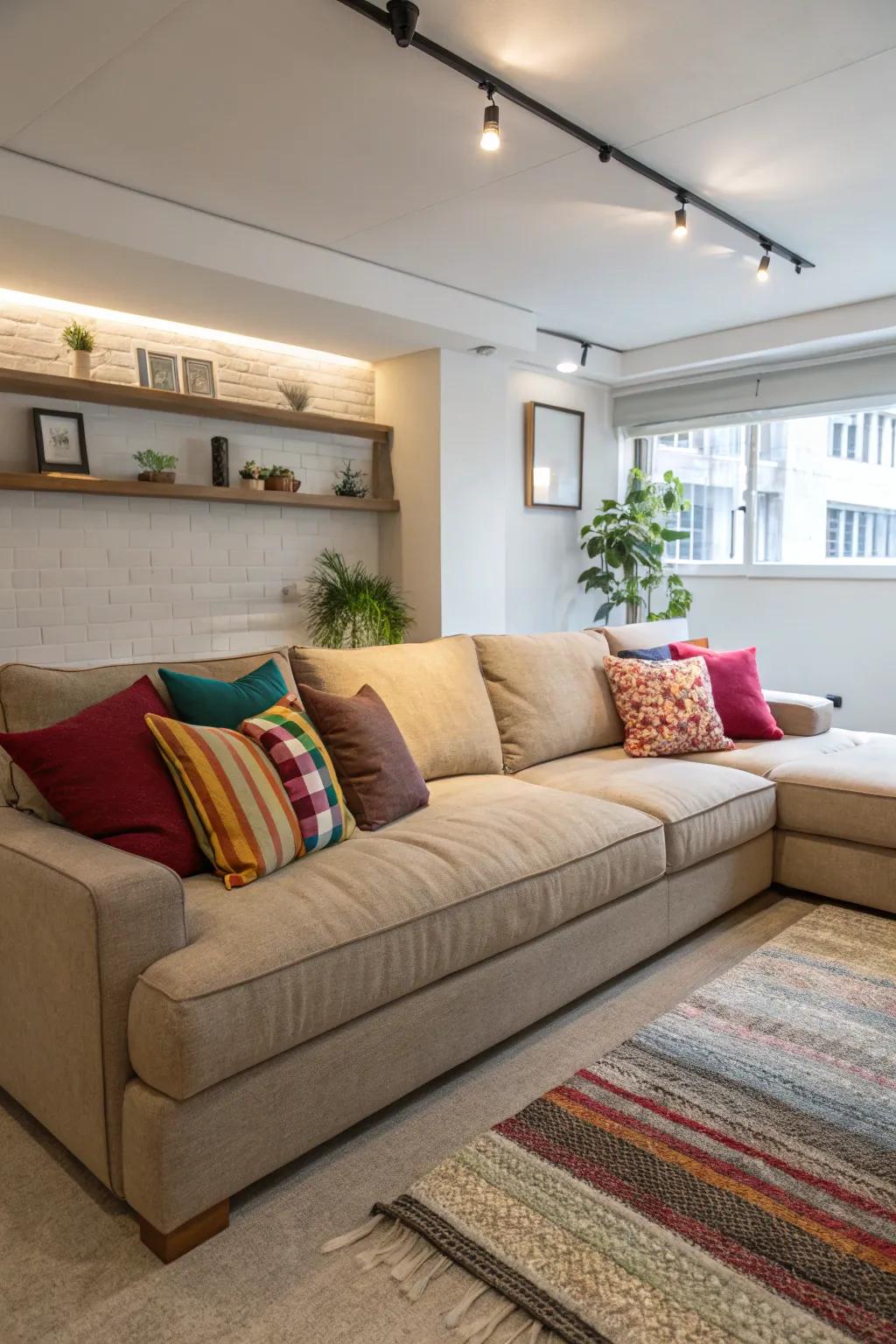 A modern den showcasing a large sectional couch alongside colorful features.