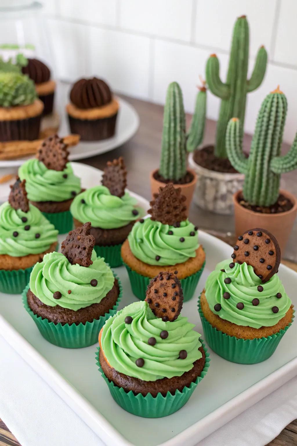 Prickly pear-inspired pastries adorned with verdant buttercream and chocolate sprinkle spikes.