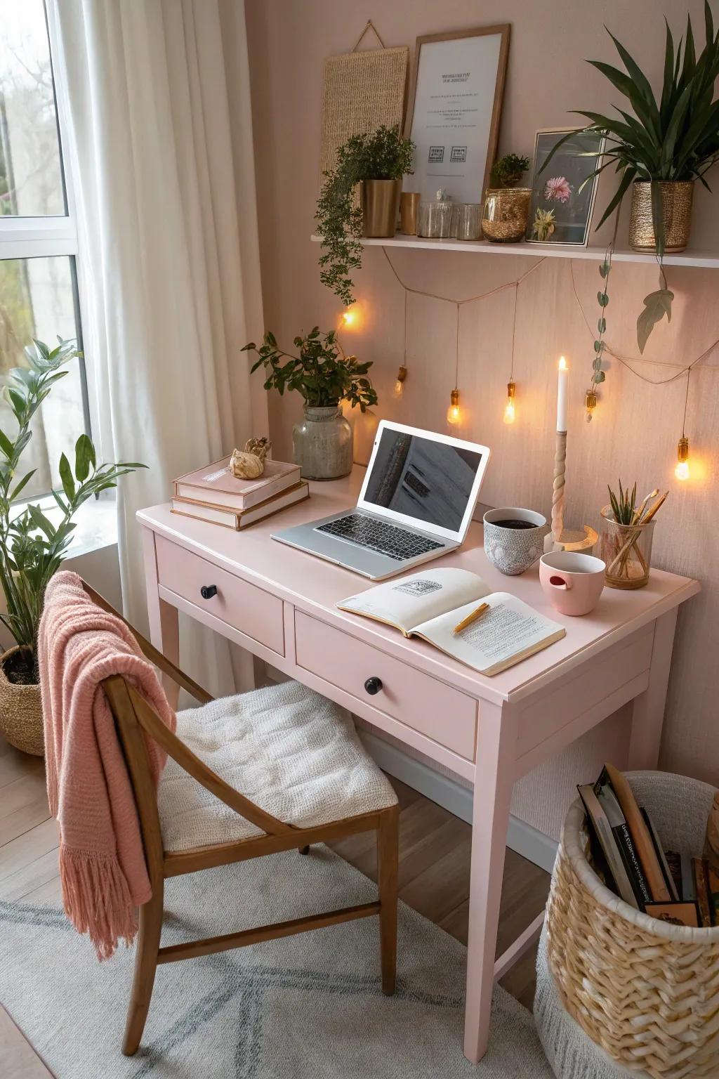 A subtle rose desk infuses any workspace with warmth and sophistication.