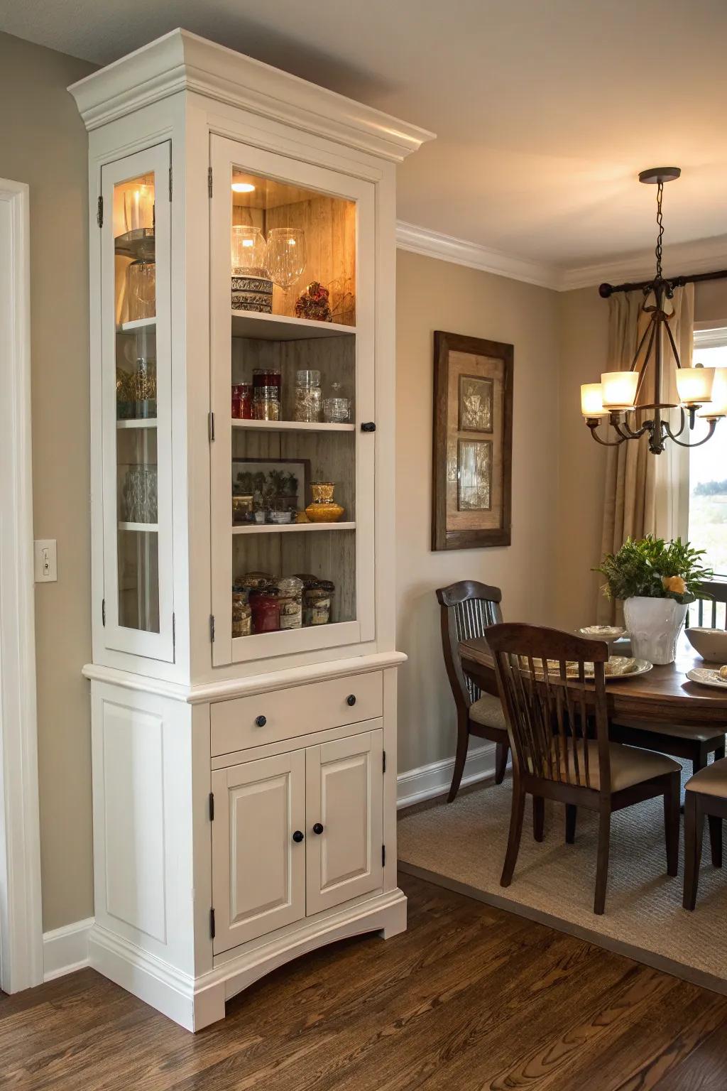 Make the most of vertical areas with a towering corner cabinet.