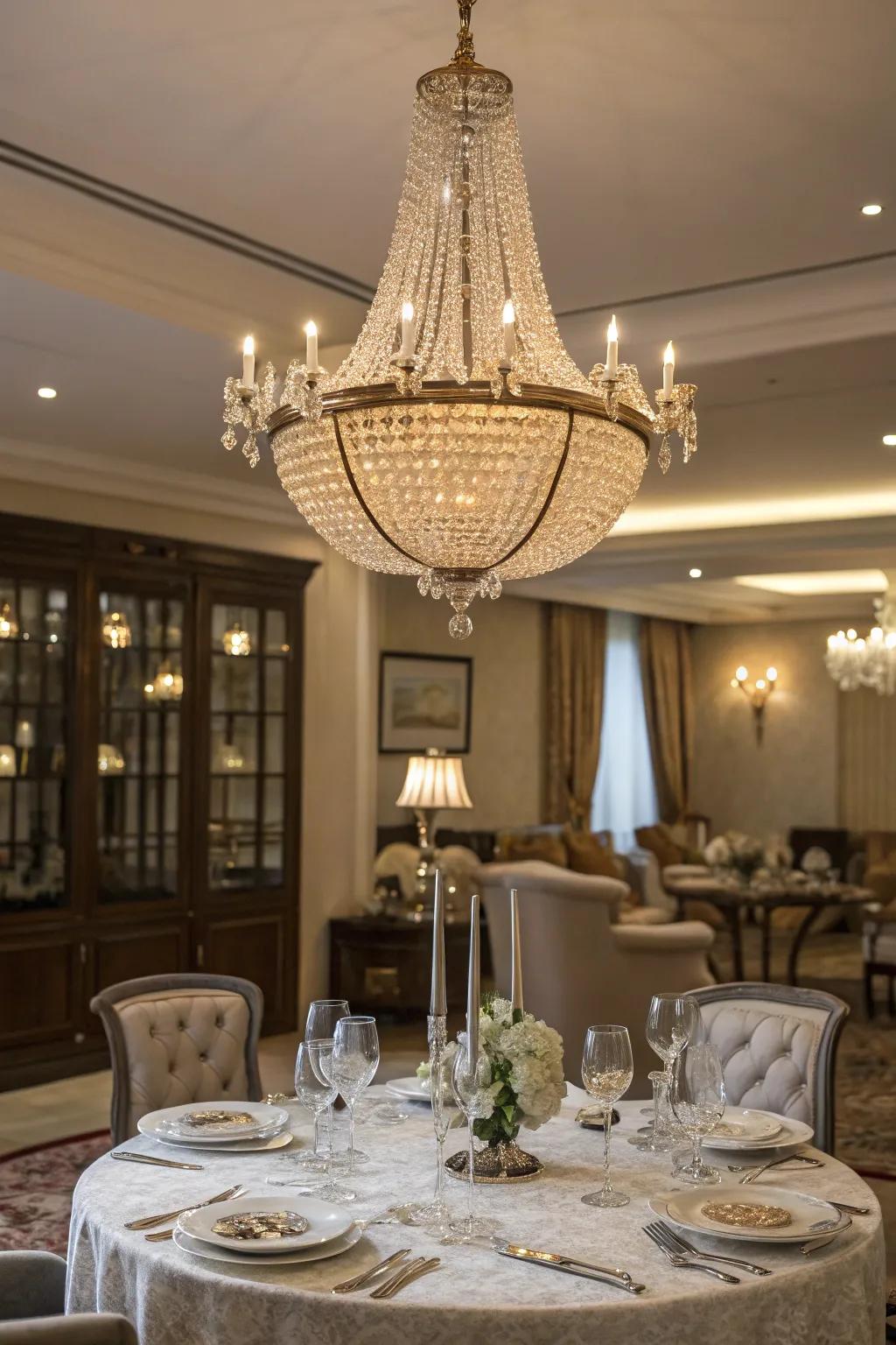 An elegant overhead light enhances the sophistication of the dining room.