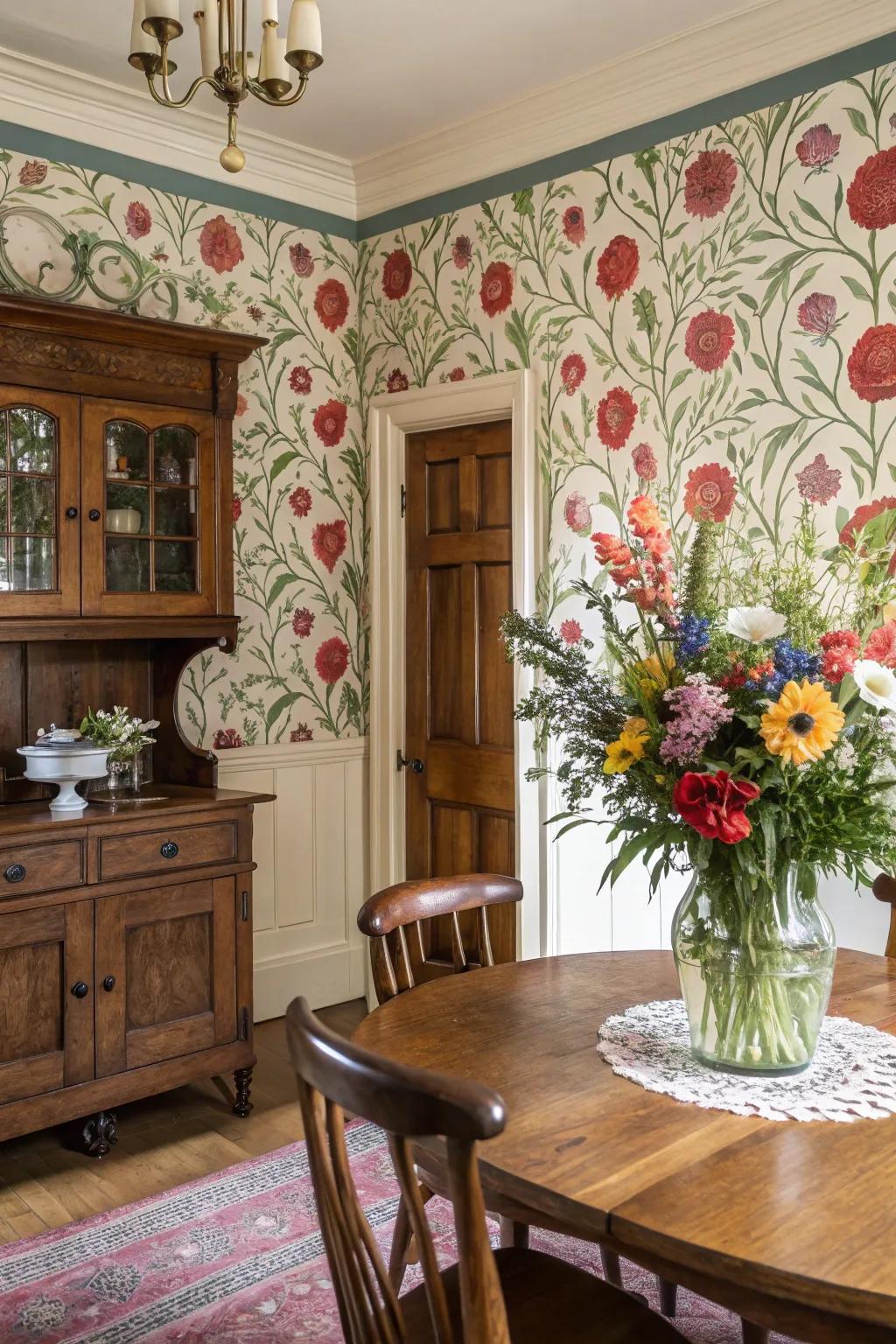 Floral wallpaper combined with classic furniture evokes a timeless dining experience.