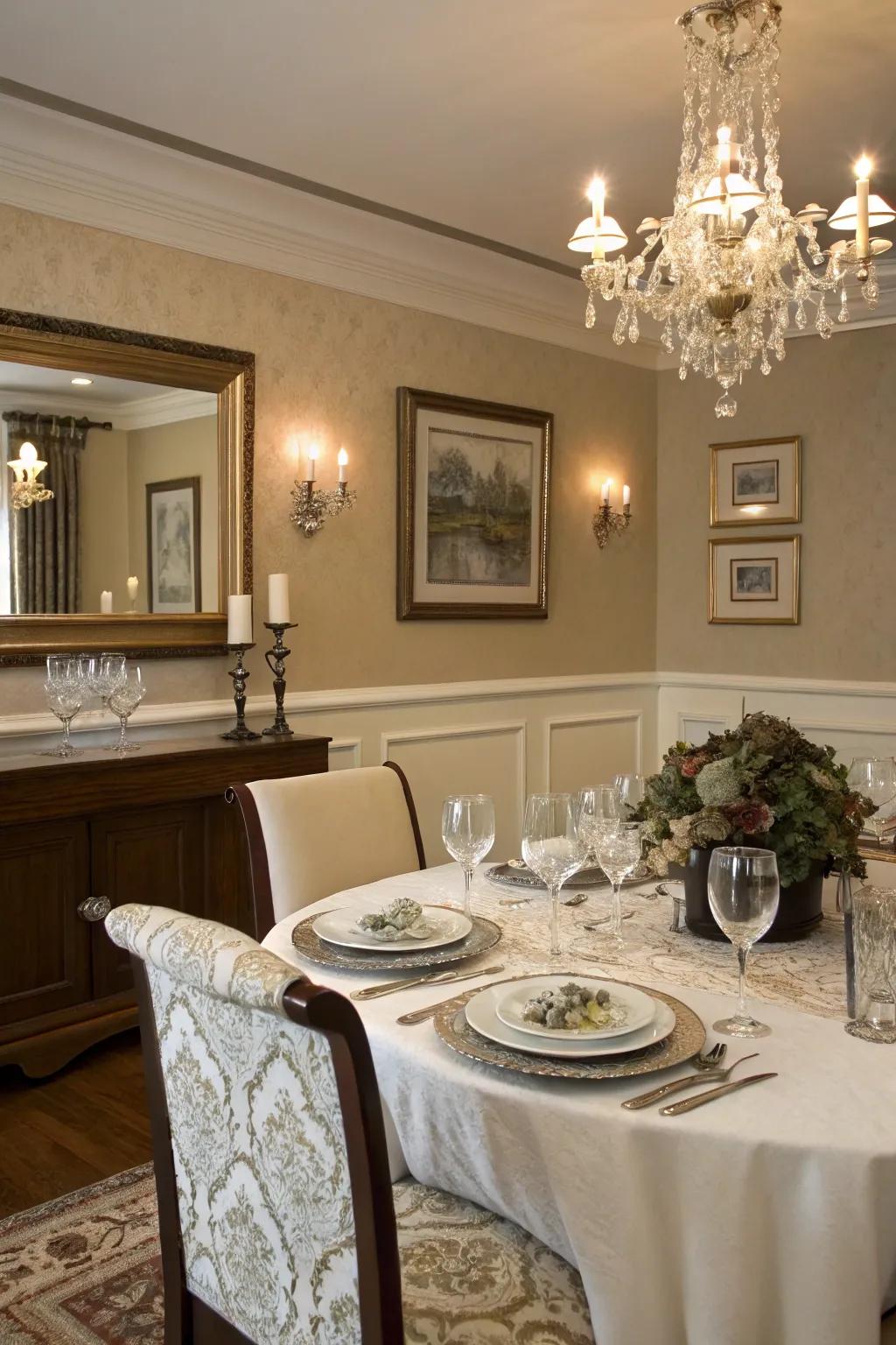 A classic two-tone finish design in a dining area brings a touch of class.
