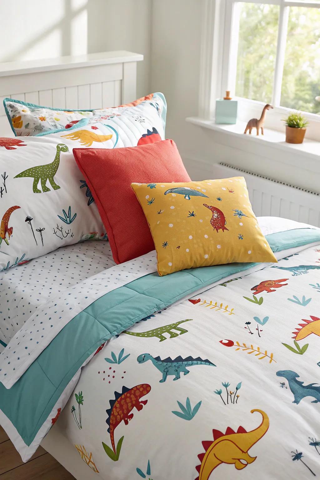A bed dressed in dinosaur bedding, ideal for little dino enthusiasts.