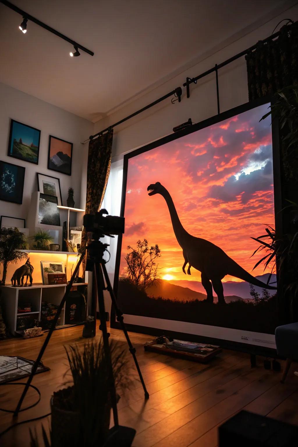 Dinosaur outline artwork enhanced by a stunning sunset setting
