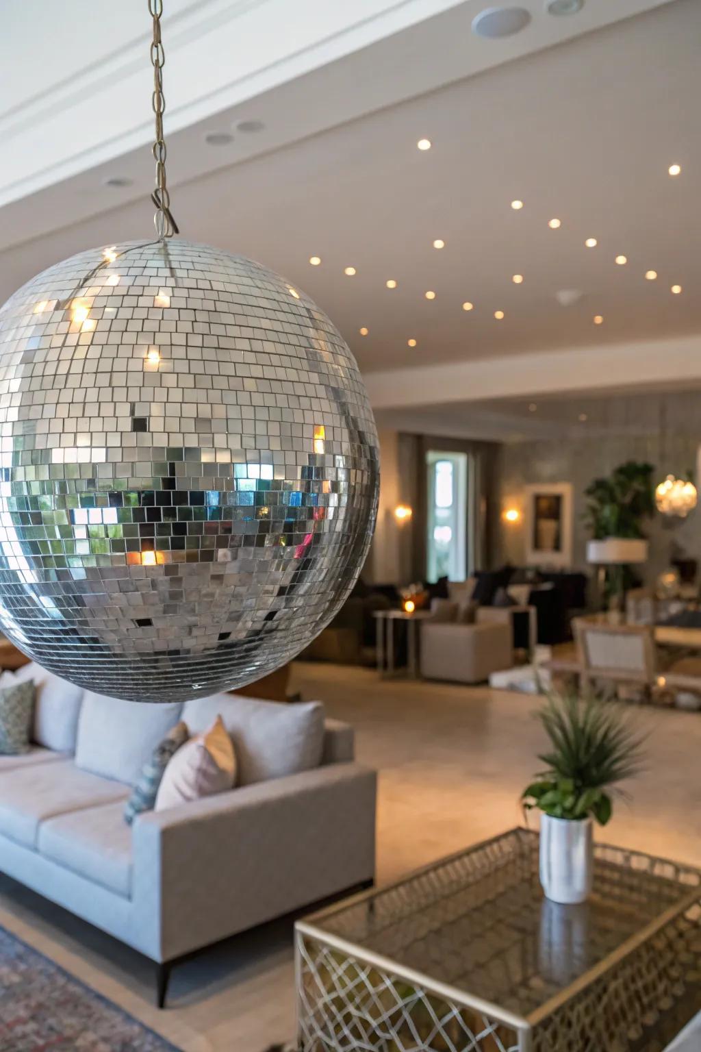 A large disco ball centerpiece creates a classic dance floor vibe in a chic living room.