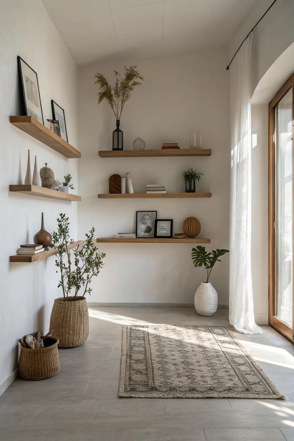 Floating shelves create a clean and modern look.