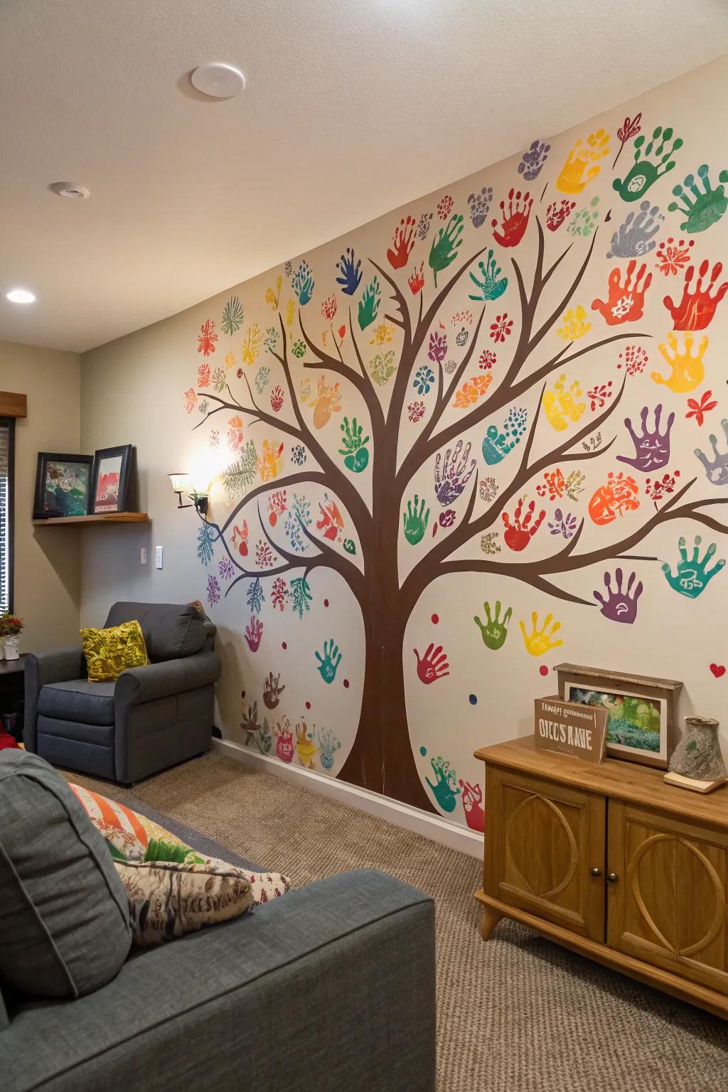 A handprint tree mural symbolizing unity and growth.