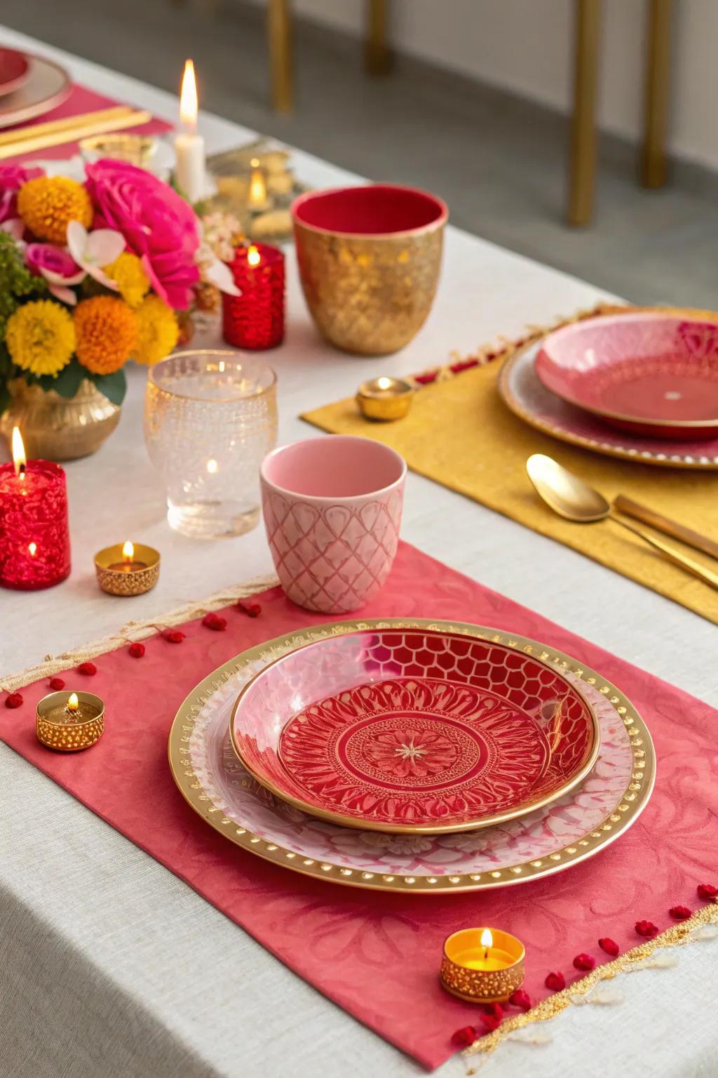 A Diwali table beautifully arranged with a vibrant color palette featuring red, gold, and pink shades.