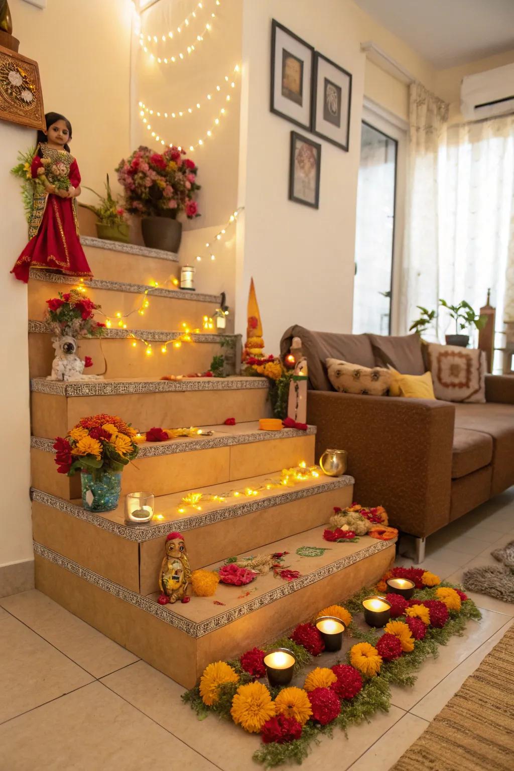 Beautifully adorned cardboard steps, ready for a festive Golu exhibit.