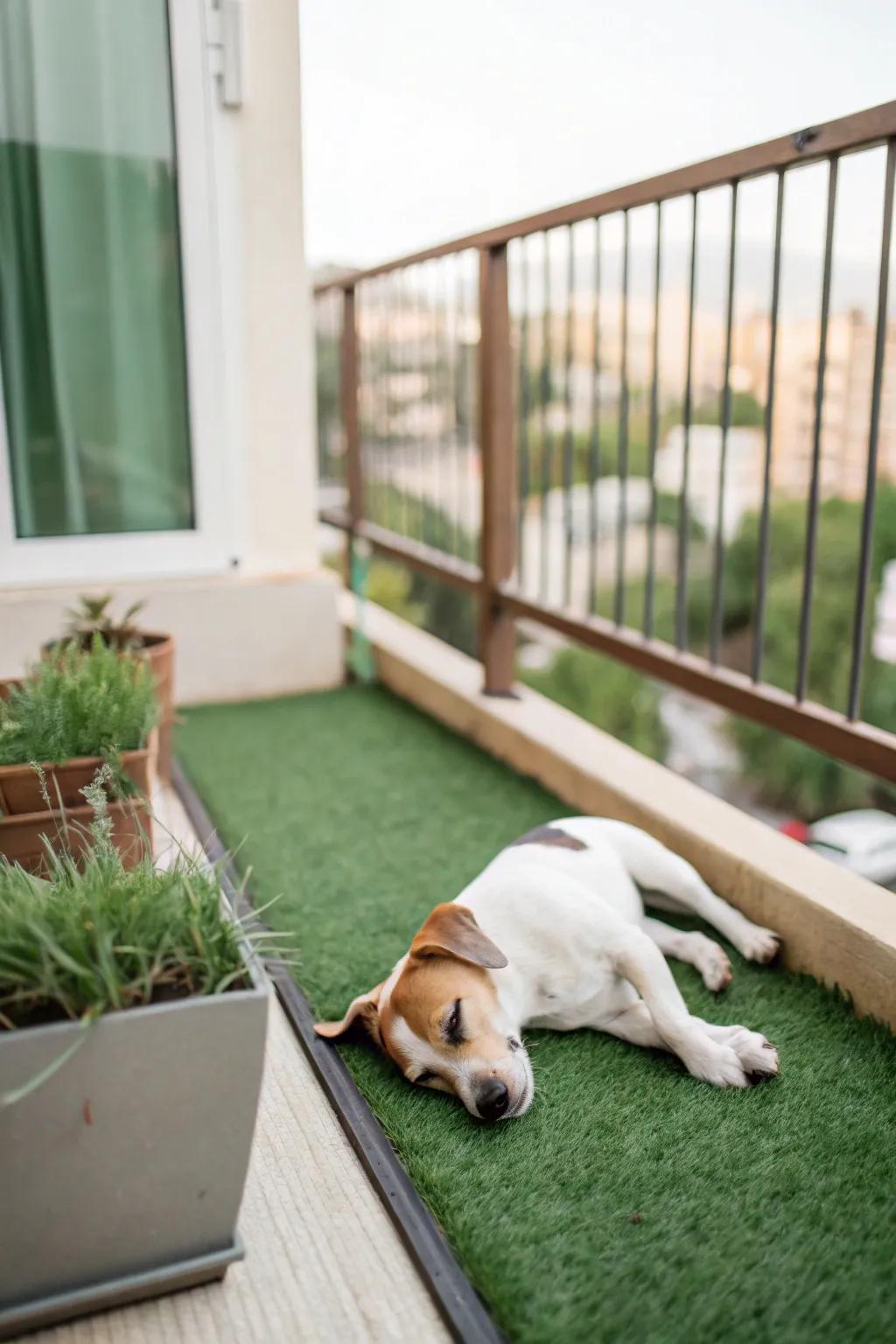 A snug artificial turf area gives dogs a taste of nature on the balcony.