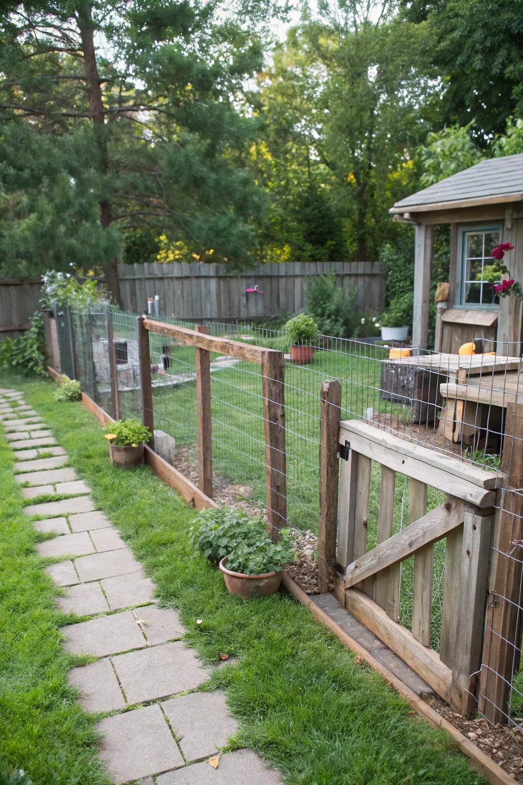 A rustic wood and wire fence offering both visibility and security for your pet.