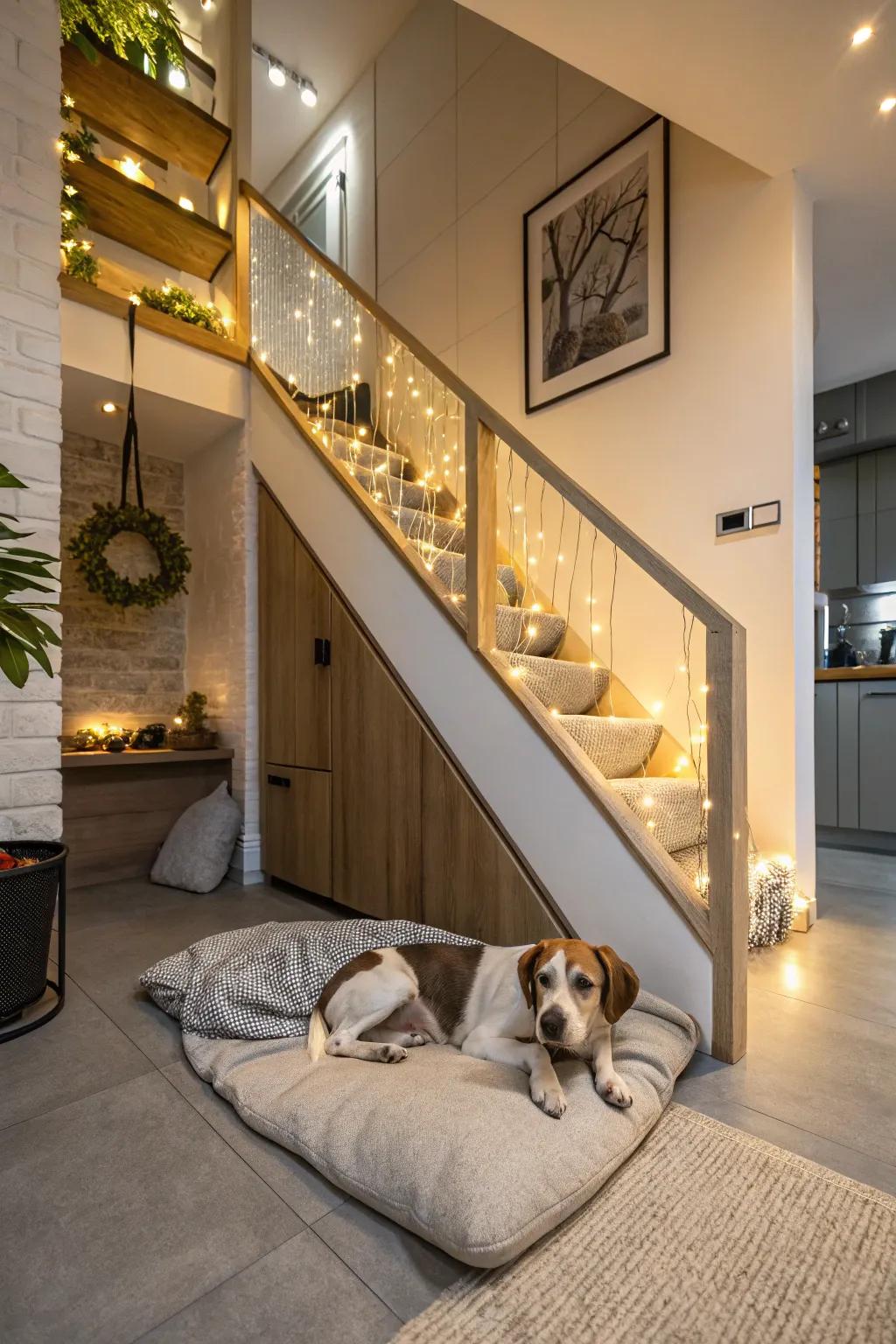 An under-stair region transformed into a snug dog retreat, complete with gentle illumination and plush bedding.