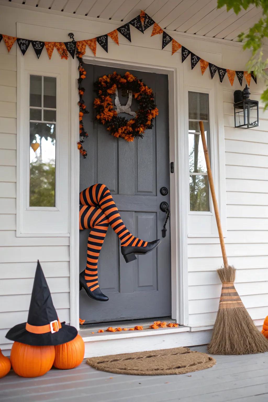 A whimsical crashed sorceress door display for All Hallow's Eve.