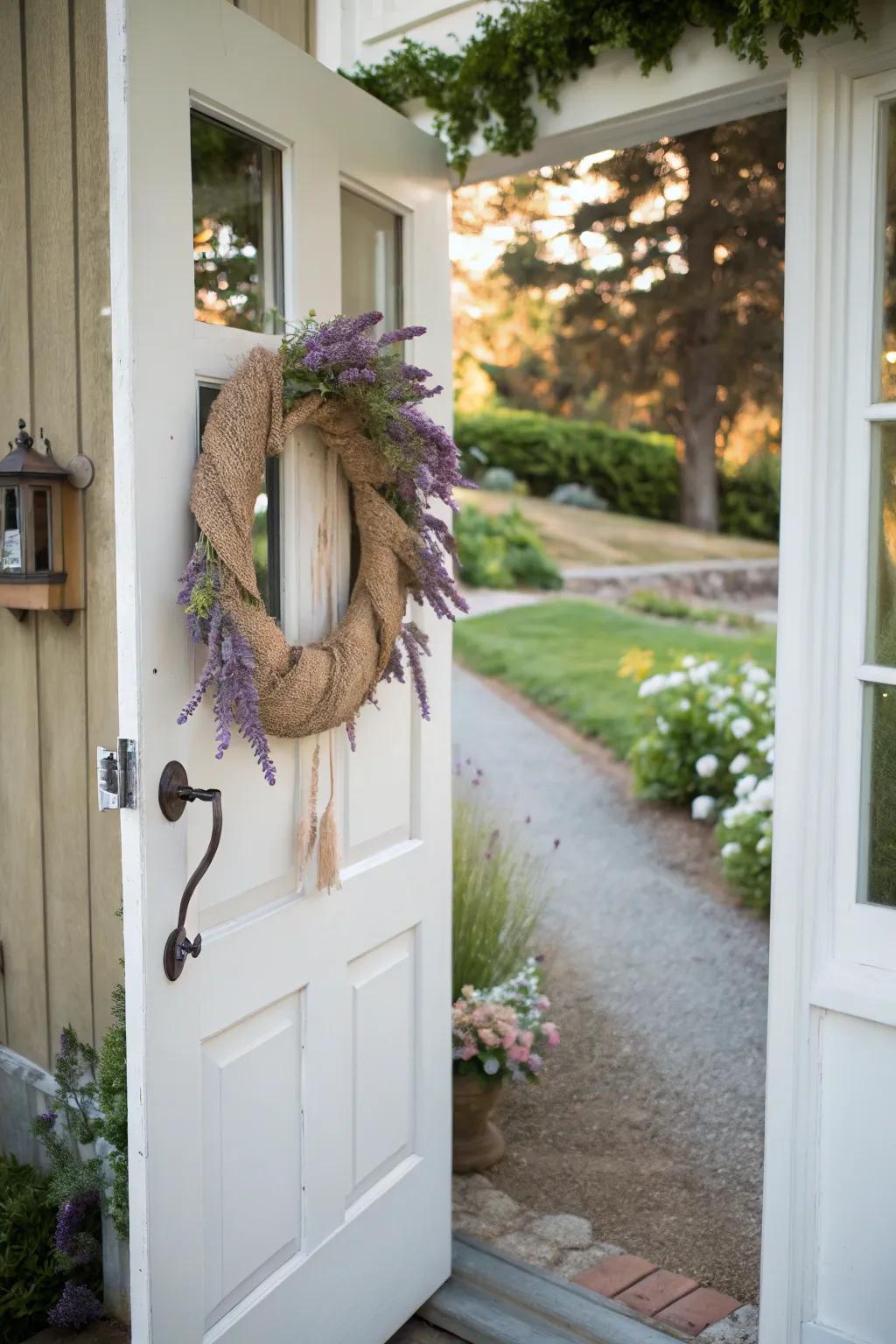 Add rustic charm with a burlap wreath and lavender.