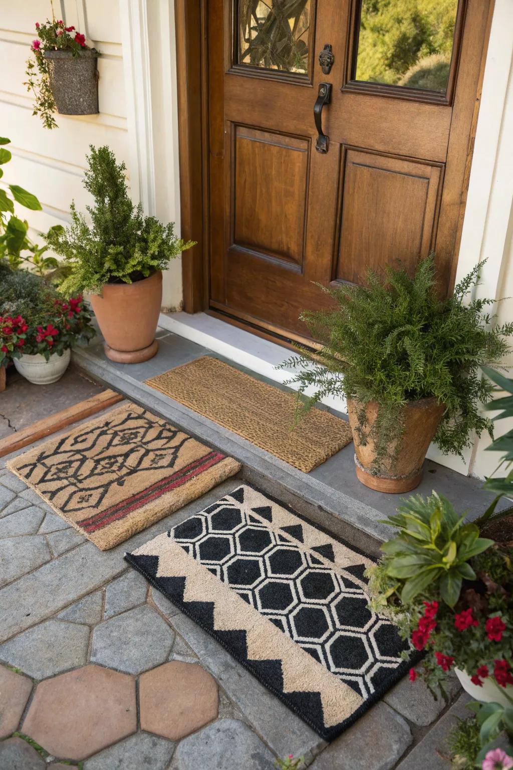 Layered doormats create a welcoming and stylish entrance