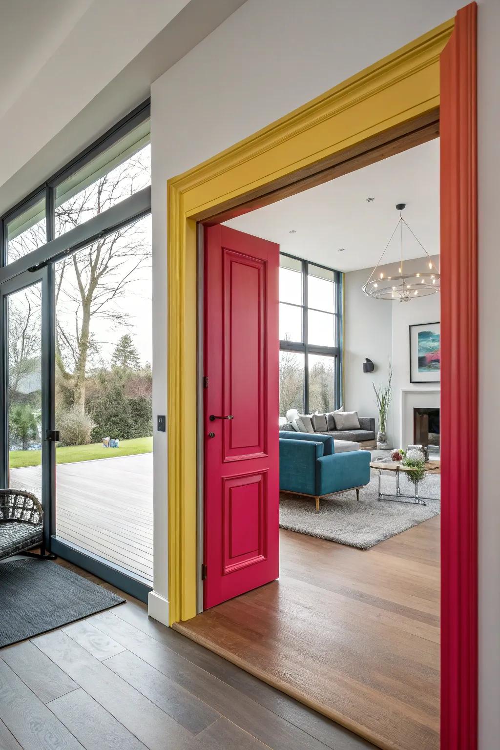 Vivid, striking door frames give a burst of color to this contemporary living area.