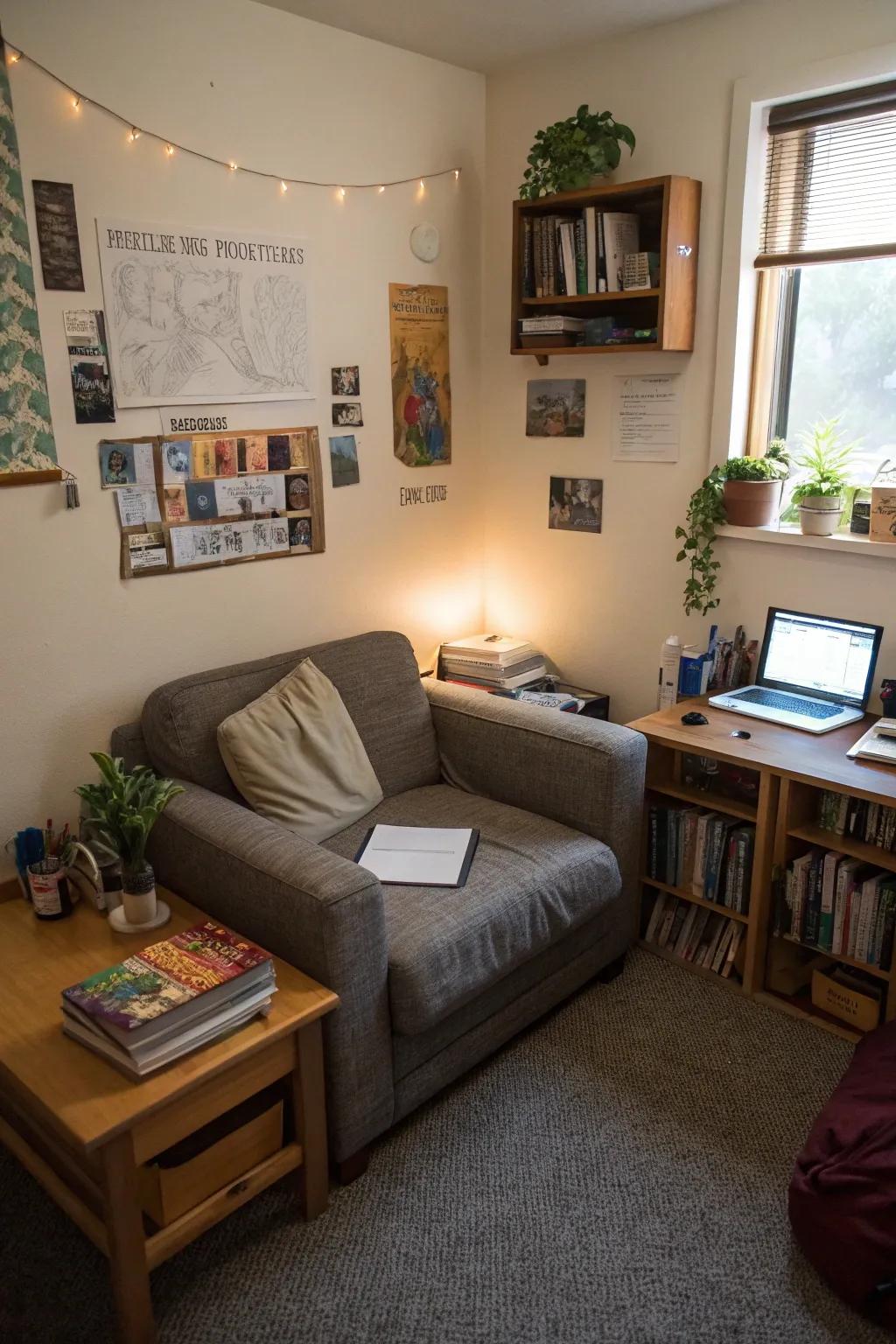 A petite two-seater ideally positioned in the corner of a compact dorm room.