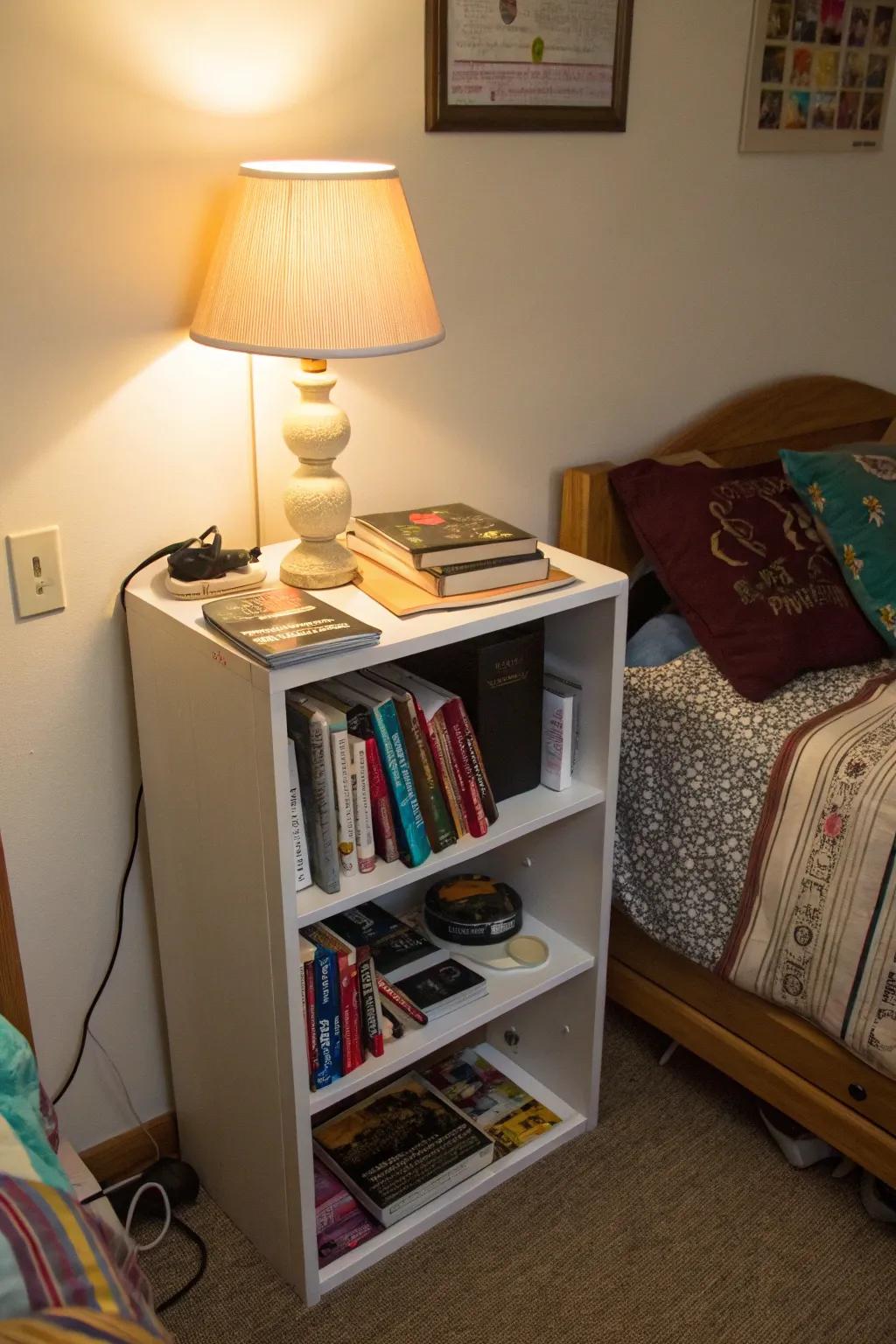 A space-saving shelving unit brings style and storage to any dorm setting.