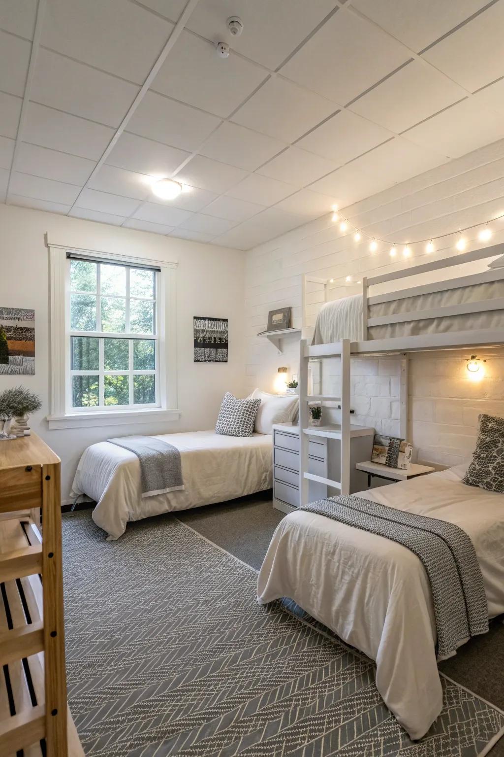 Neutral shades bestow a feeling of serene openness, perfect for maximizing space in a compact dorm room.