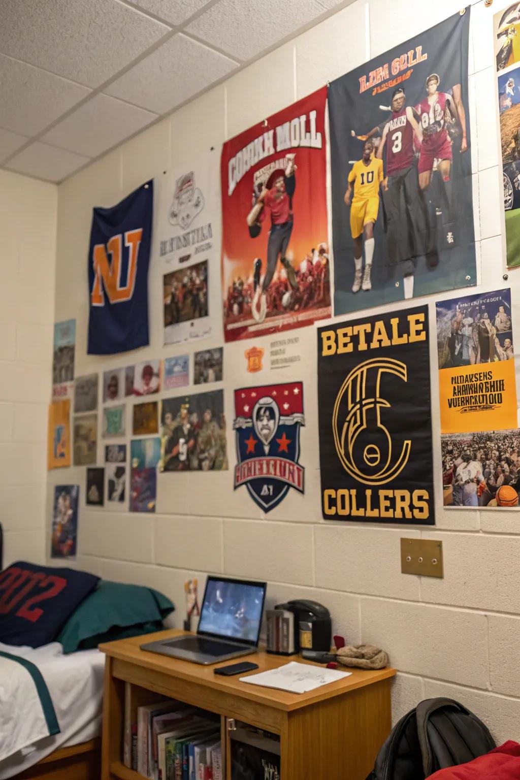 A dorm room wall adorned with sports and music posters, reflecting individual passions.