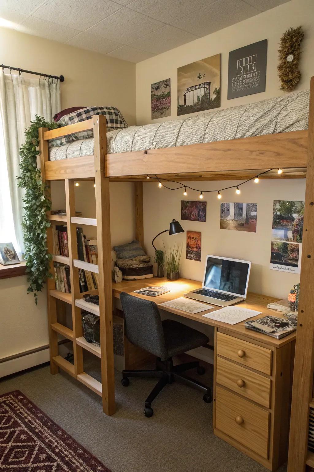 High-rise beds boost space and usefulness in dorm rooms.
