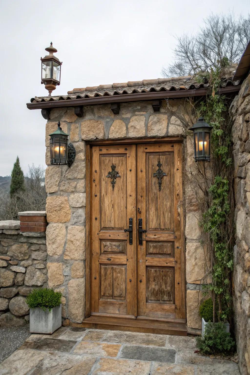 Charming wooden double doors enhancing a stone-decorated doorway with countryside allure.