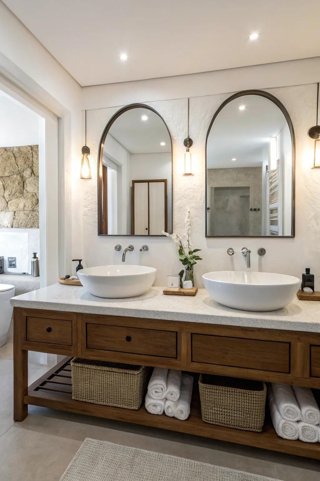 A modern minimalist bathroom featuring sleek double sinks and simple hardware.