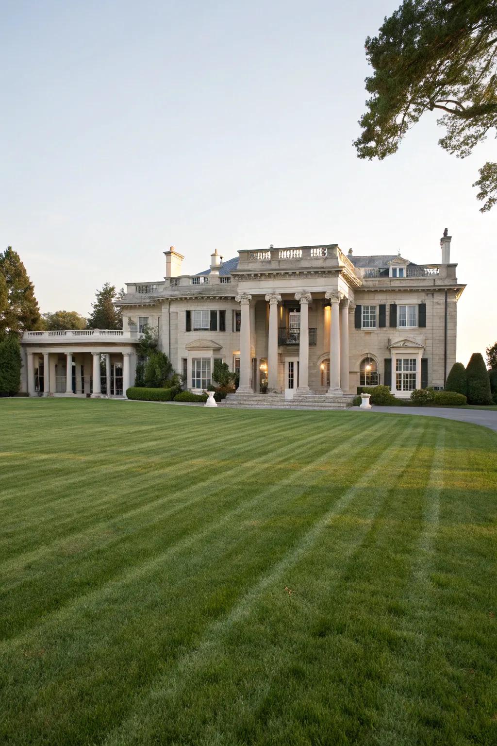 A beautiful home featuring an impressive facade and a spacious front lawn.