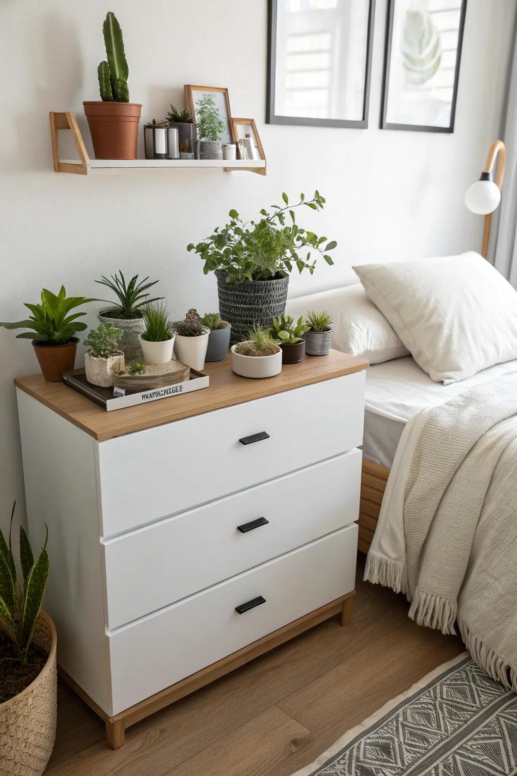 An array of plants crafts a refreshing natural retreat atop your dresser.