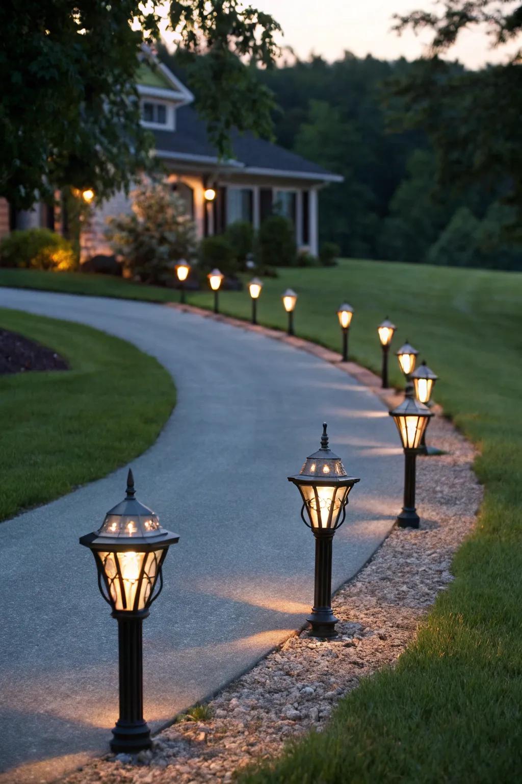 Pathway lights guiding the route to an inviting home.