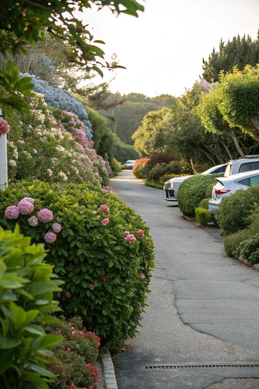 An elegant driveway highlighted by its lush green borders.