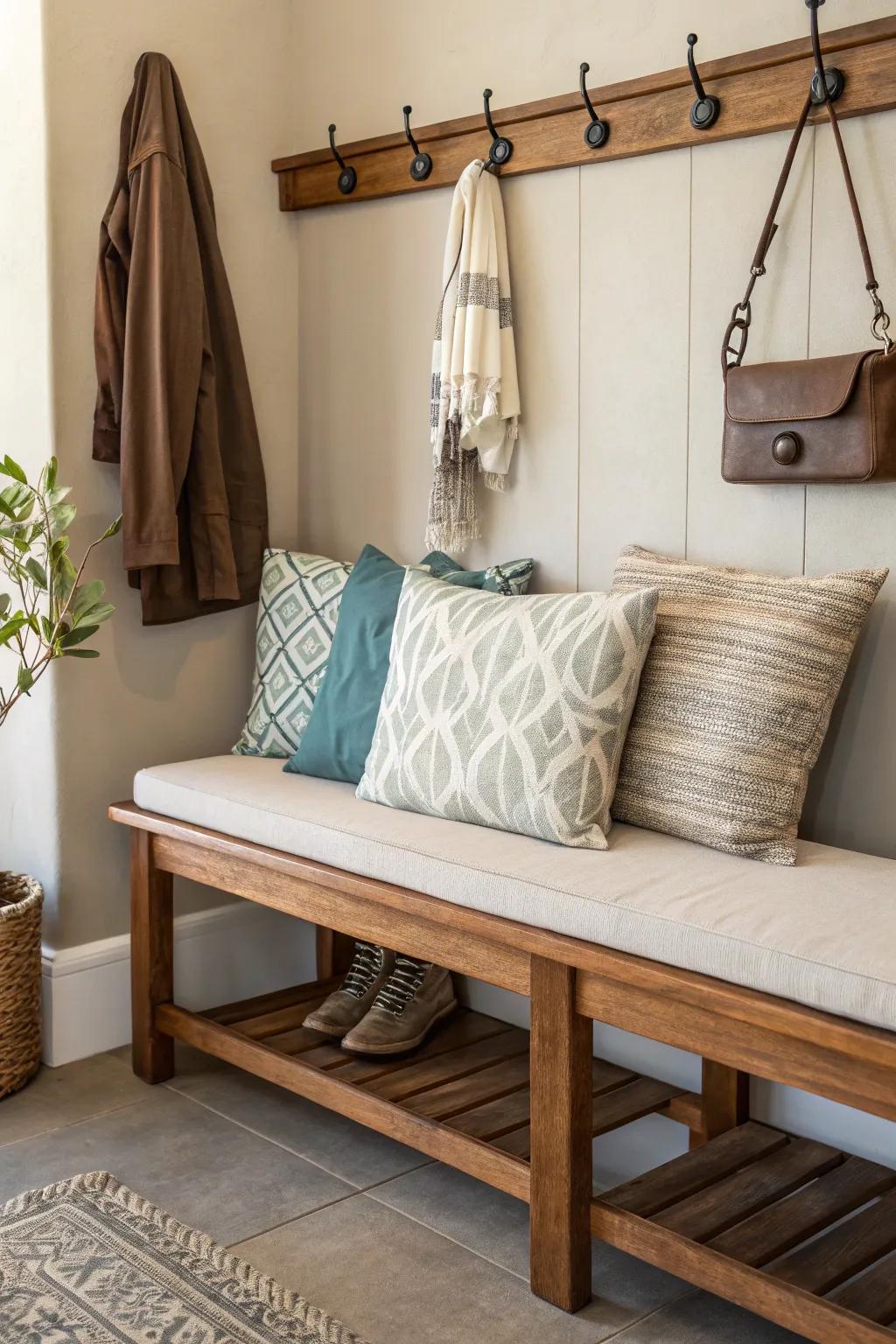 A cushioned bench makes a warm, inviting arrival hub.