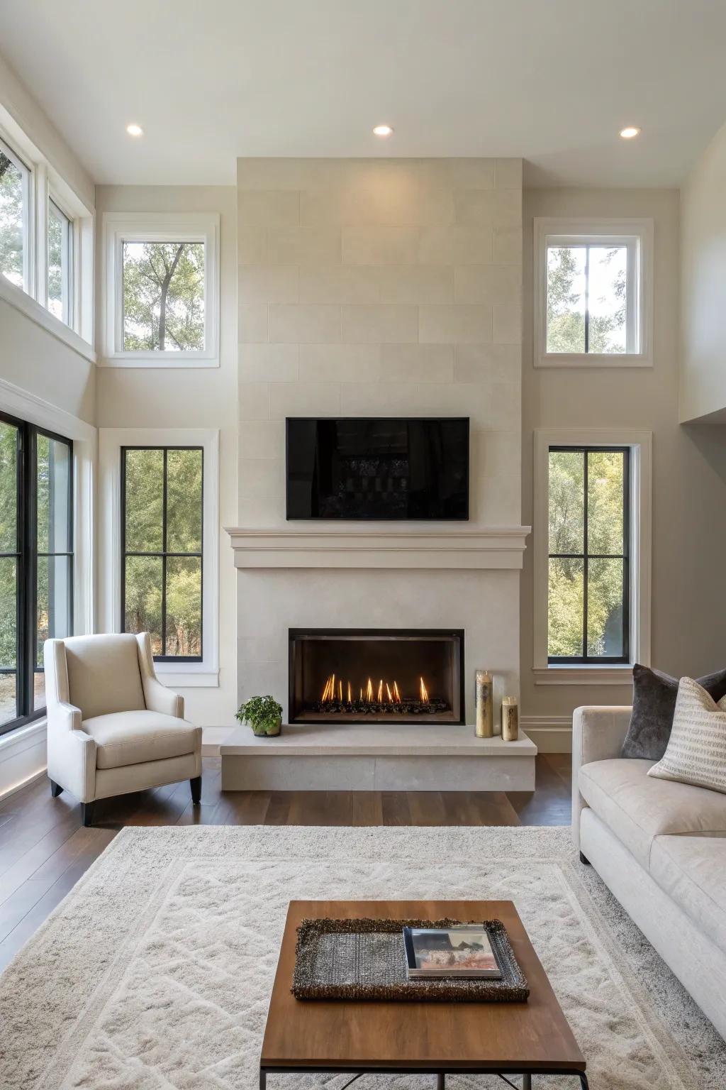 An minimalist plasterboard hearth radiates sophistication.