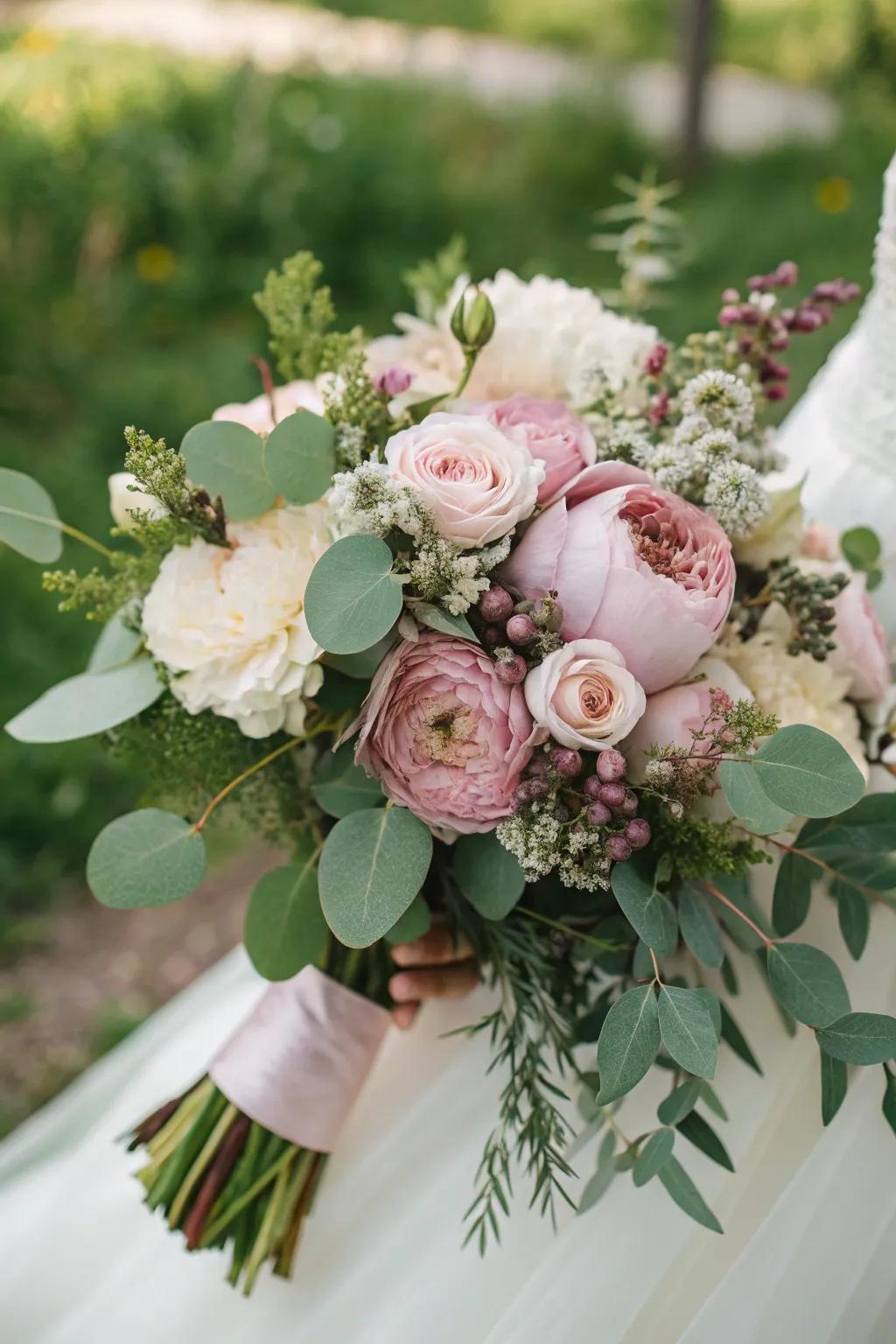 An eye-catching misty rose posy alongside verdant foliage.