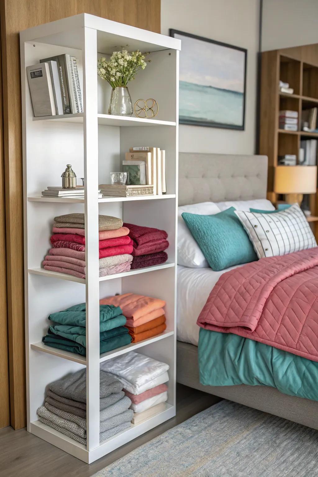 Comforters arranged perfectly on a modern shelving unit.