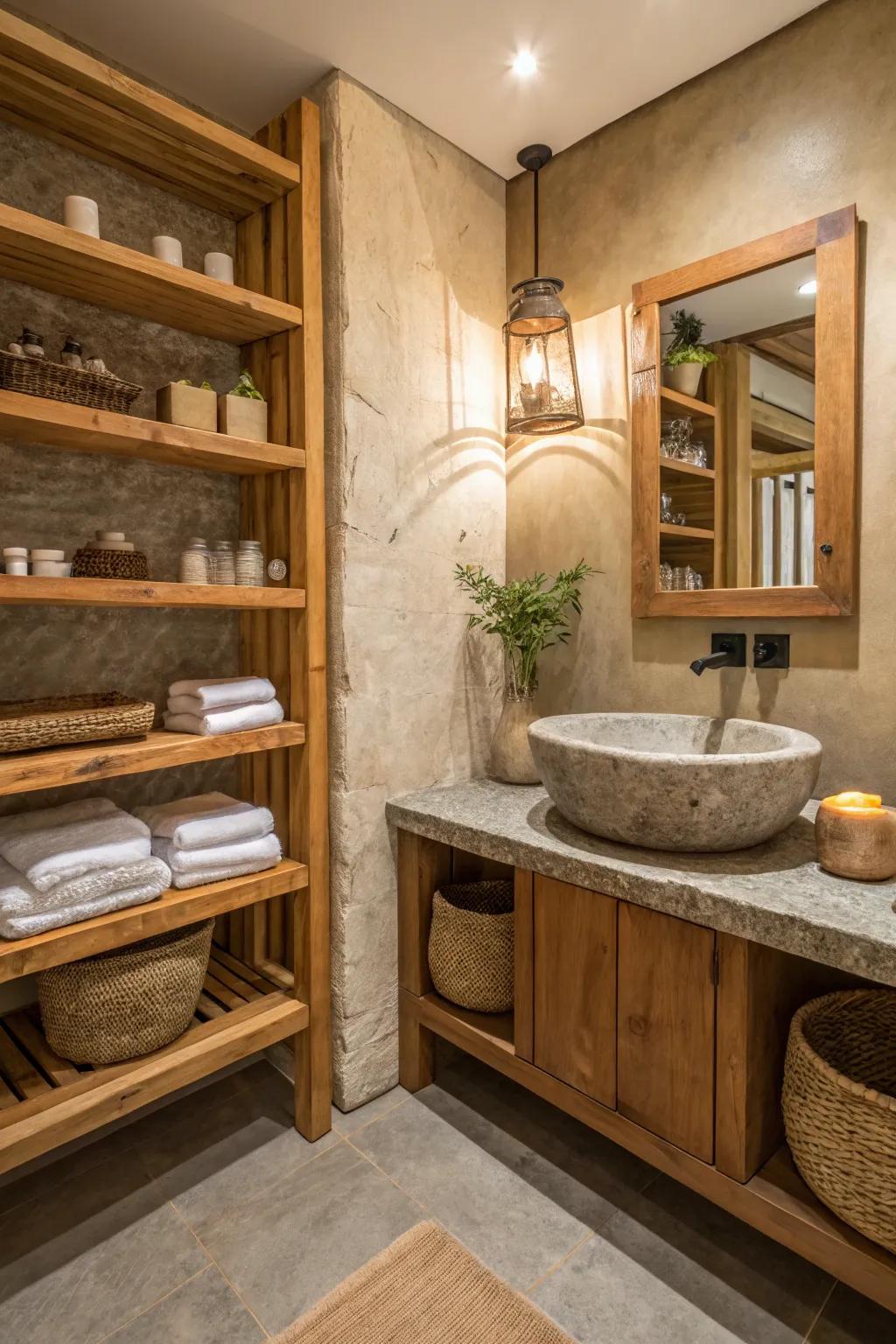 Natural materials like wood and stone create a grounded bathroom atmosphere.