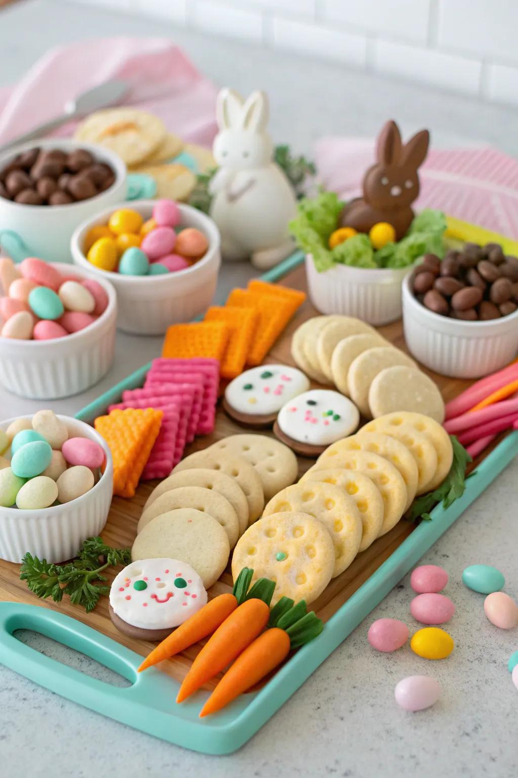 A whimsical bunny-themed Easter board with colorful candies and treats.