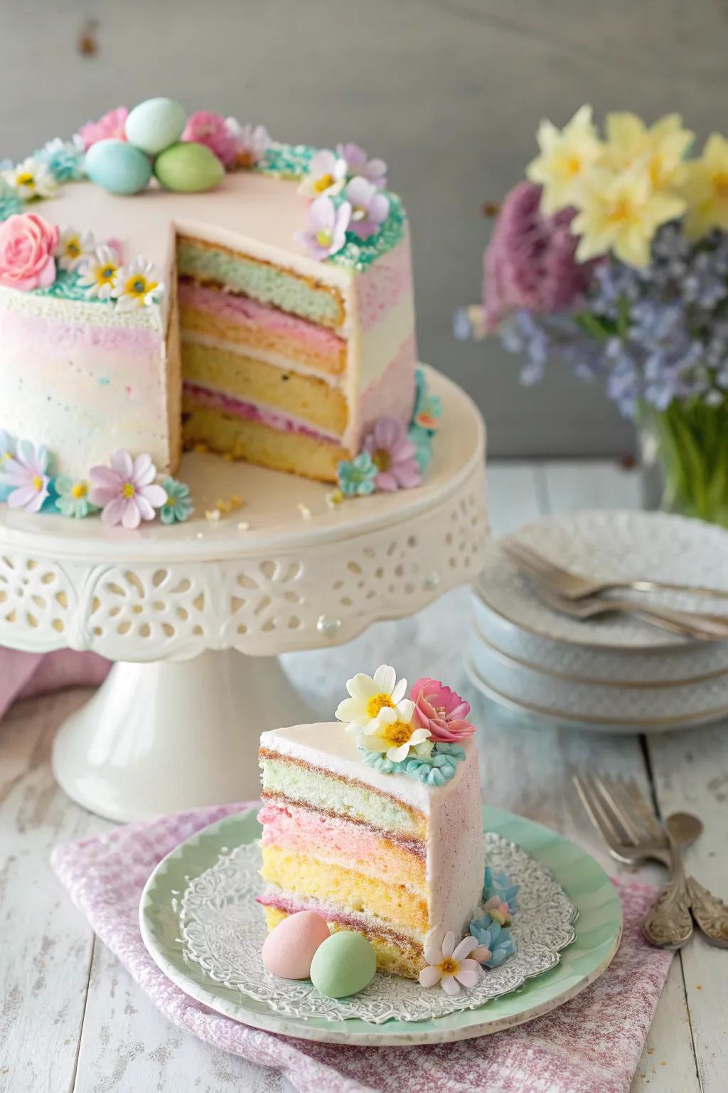 A delightful pastel rainbow cake, ideal for Easter festivities.