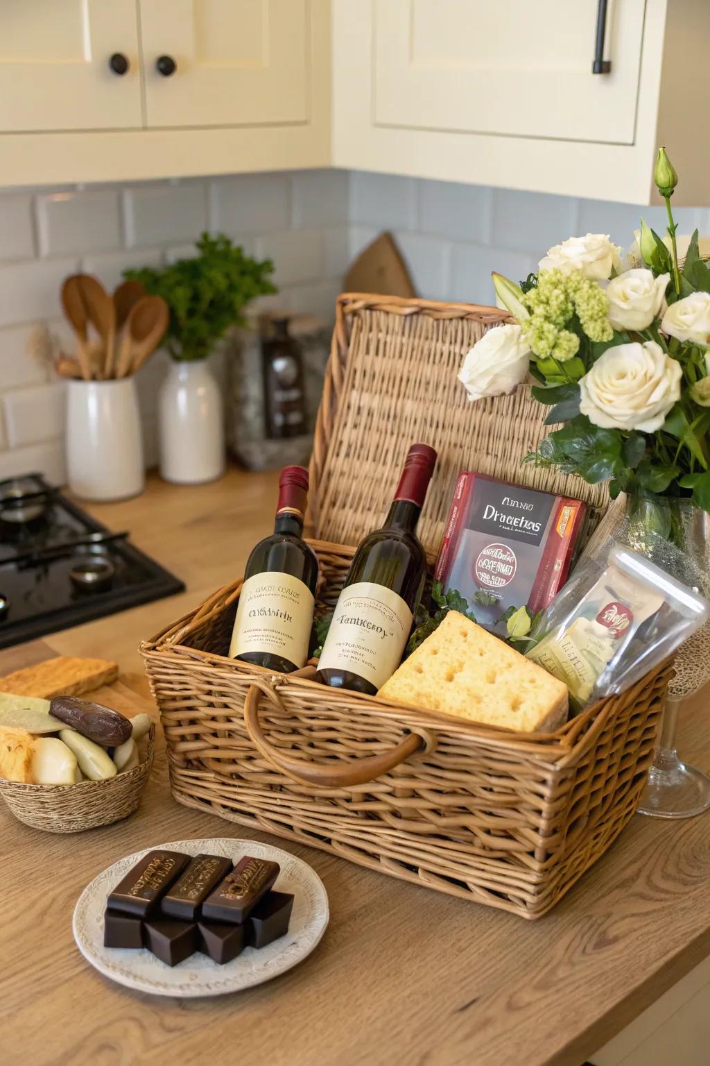 Treat yourself with a gourmet gift basket filled with enchanting luxuries.