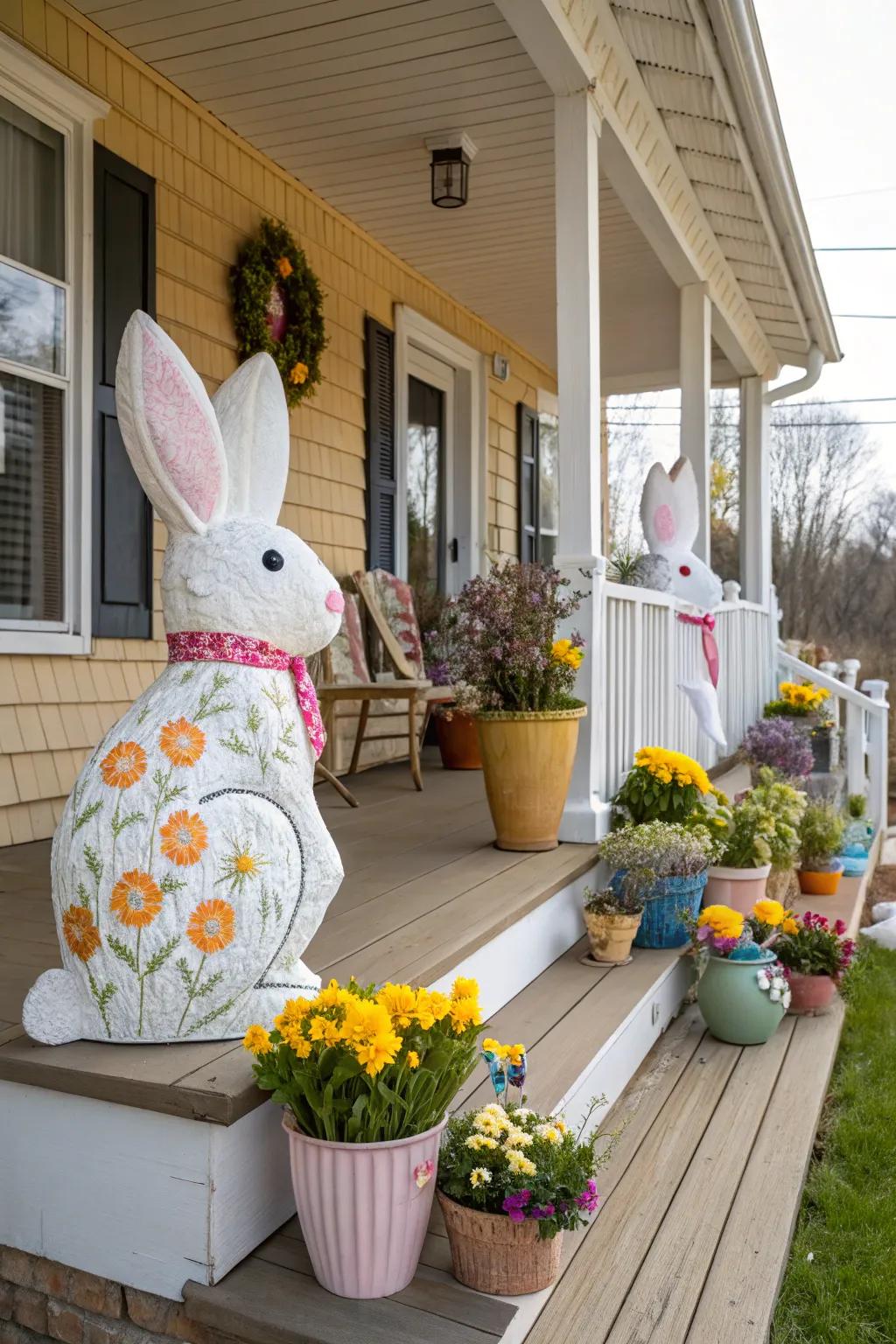 Rabbit figures imbue a whimsical essence to your Easter porch.