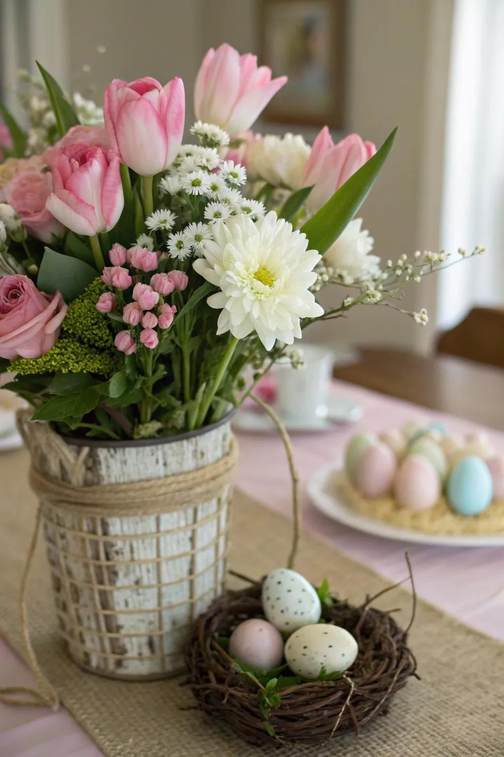 A revitalizing floral centerpiece infuses the Easter table with the spirit of spring.