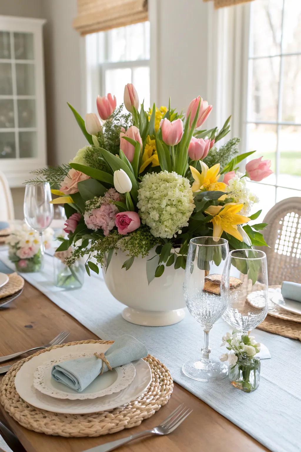 A lush floral centerpiece brings spring indoors.
