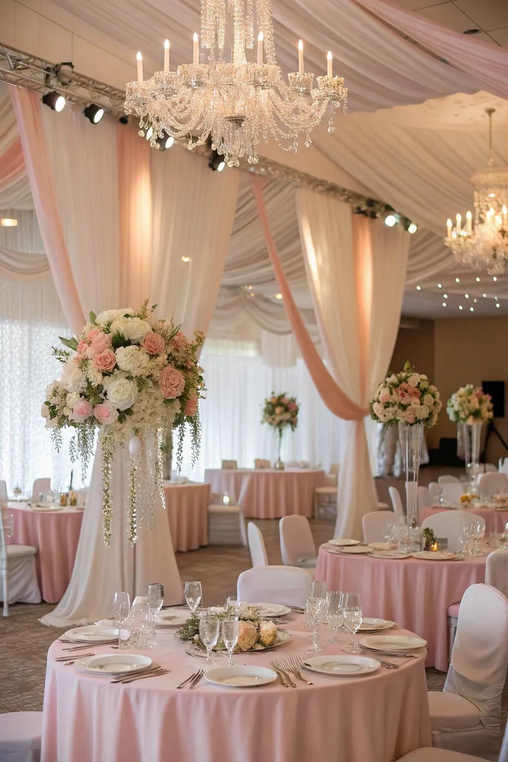 A wedding venue lavished with pastel-toned draperies and sophisticated table arrangements.