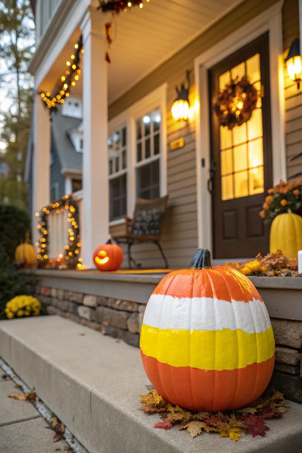 A confectionary corn-colored pumpkin brings a sugary-sweet touch to Halloween decorating.