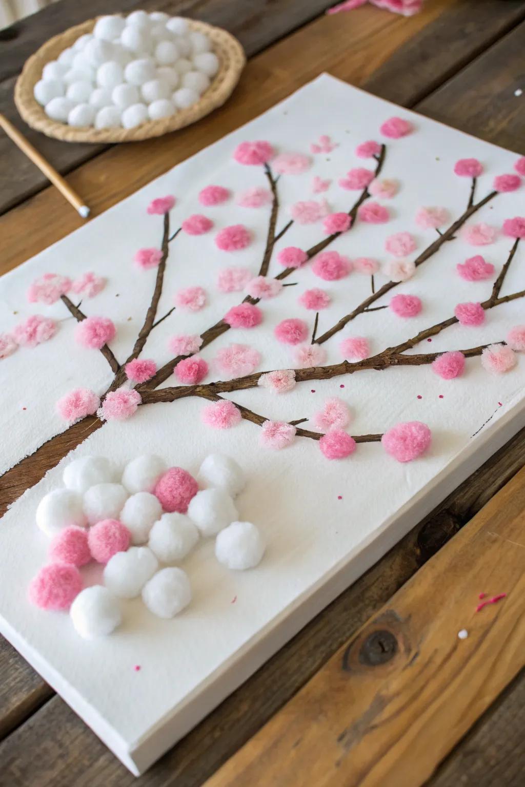 Cotton ball cherry blossom art for a gentle ambiance.