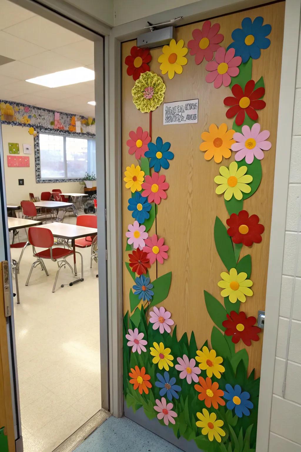 A classroom entrance is graced with a vibrant display of paper blossoms, channeling spring's charm inside.